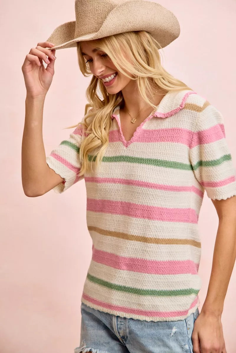 Striped Collared Knit Top in Cream/Pink by BiBi
