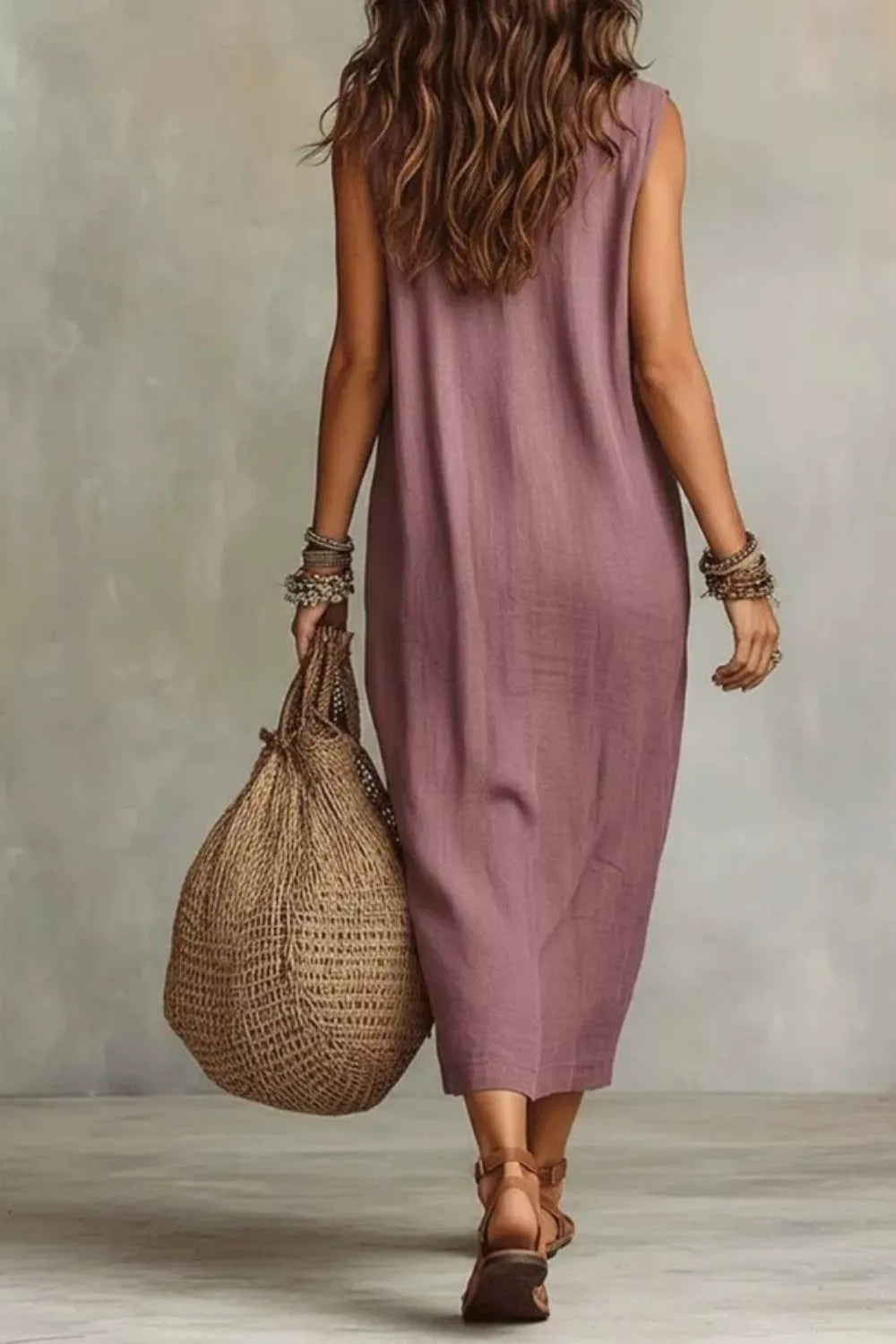 Sleeveless Drape-Neck Midi Dress with Pockets
