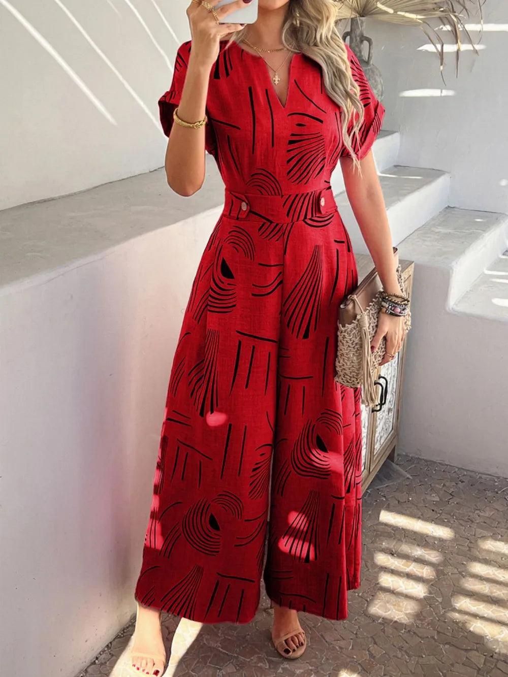 Printed Notched Wide-Leg Jumpsuit