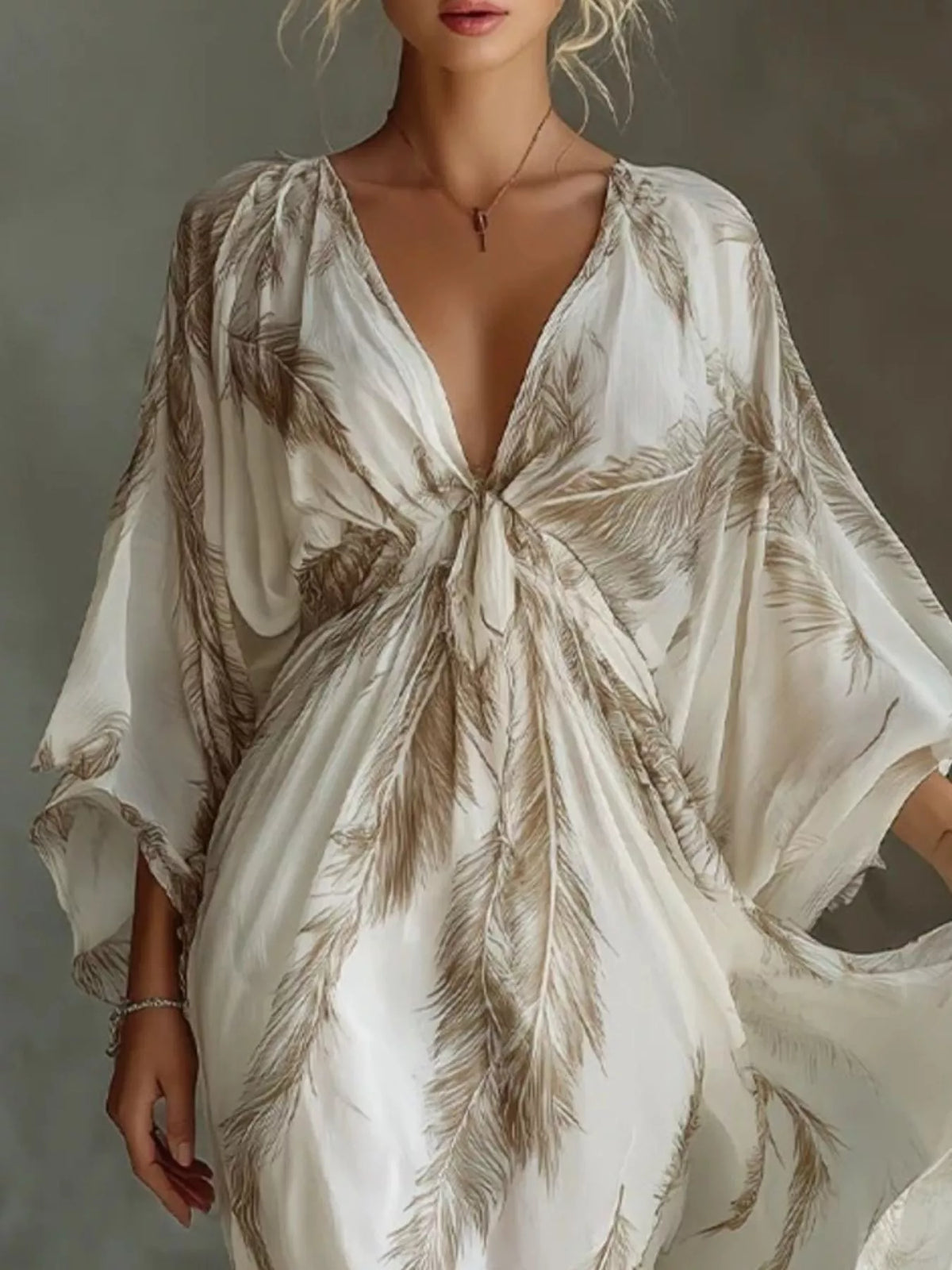 Feather Print V-Neck Flowy Maxi Dress