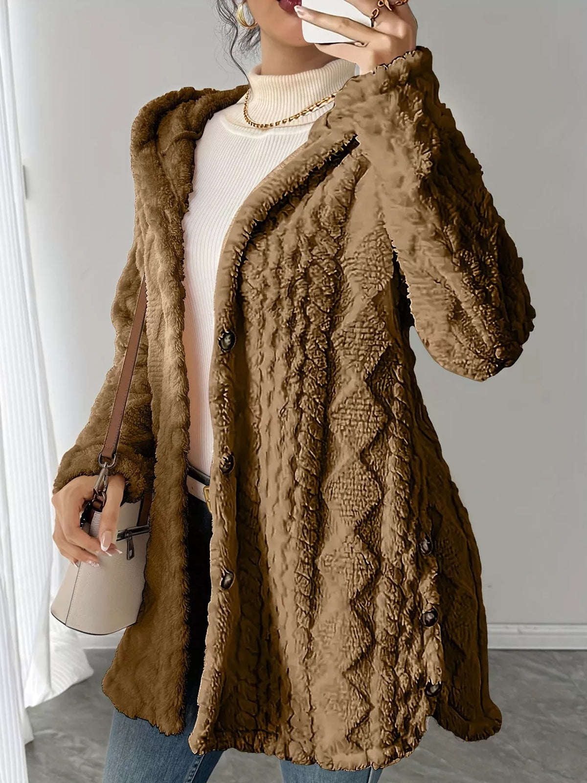 Cozy Cable-Knit Faux Fur Hooded Jacket