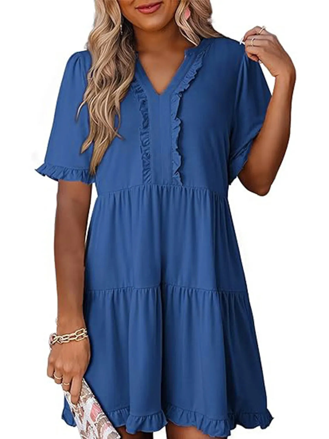 Tiered Notched Short Sleeve Mini Dress by Gen Beauty