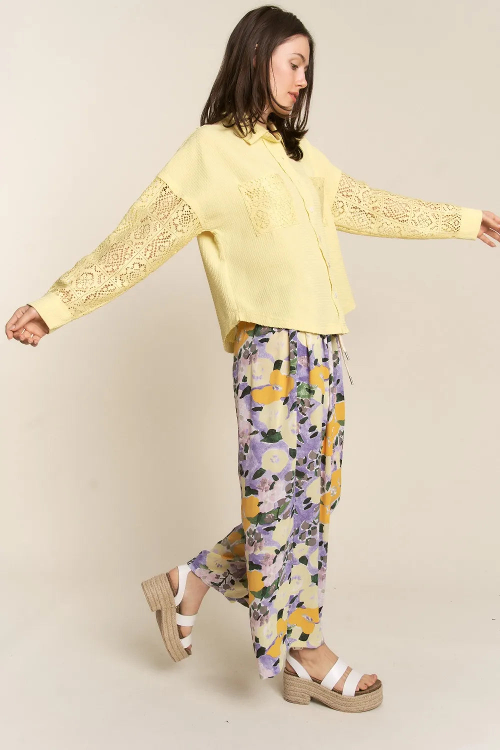 Lace Detail Waffle Shirt in Yellow by J.NNA