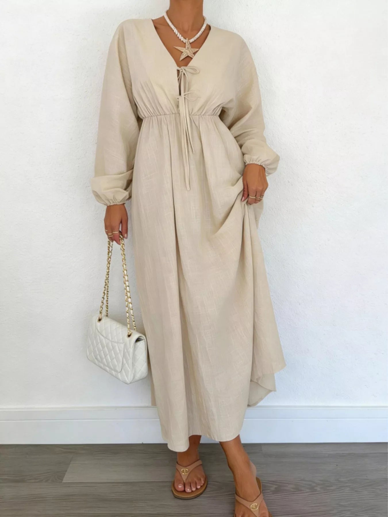 Tie-Front Balloon Sleeve Maxi Dress in Beige