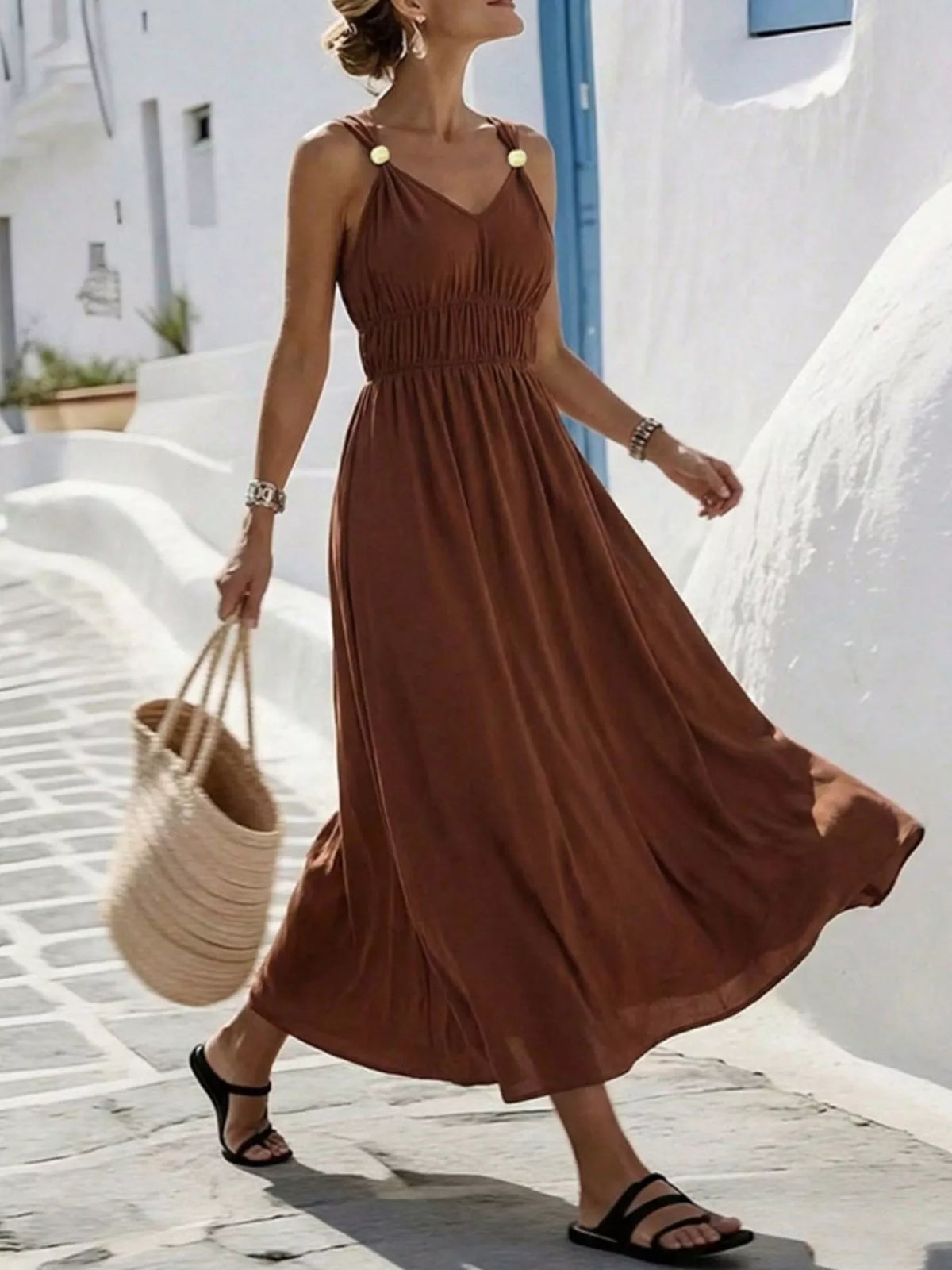 Ruched V-Neck Maxi Dress in Brown