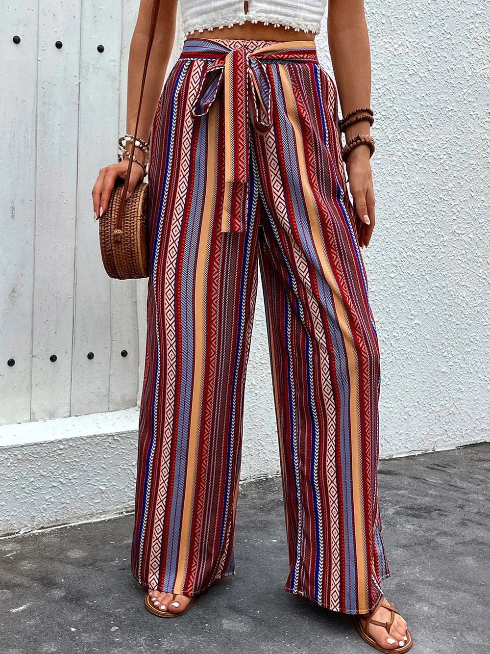 Geometric Tied Wide Leg Pants in Rust
