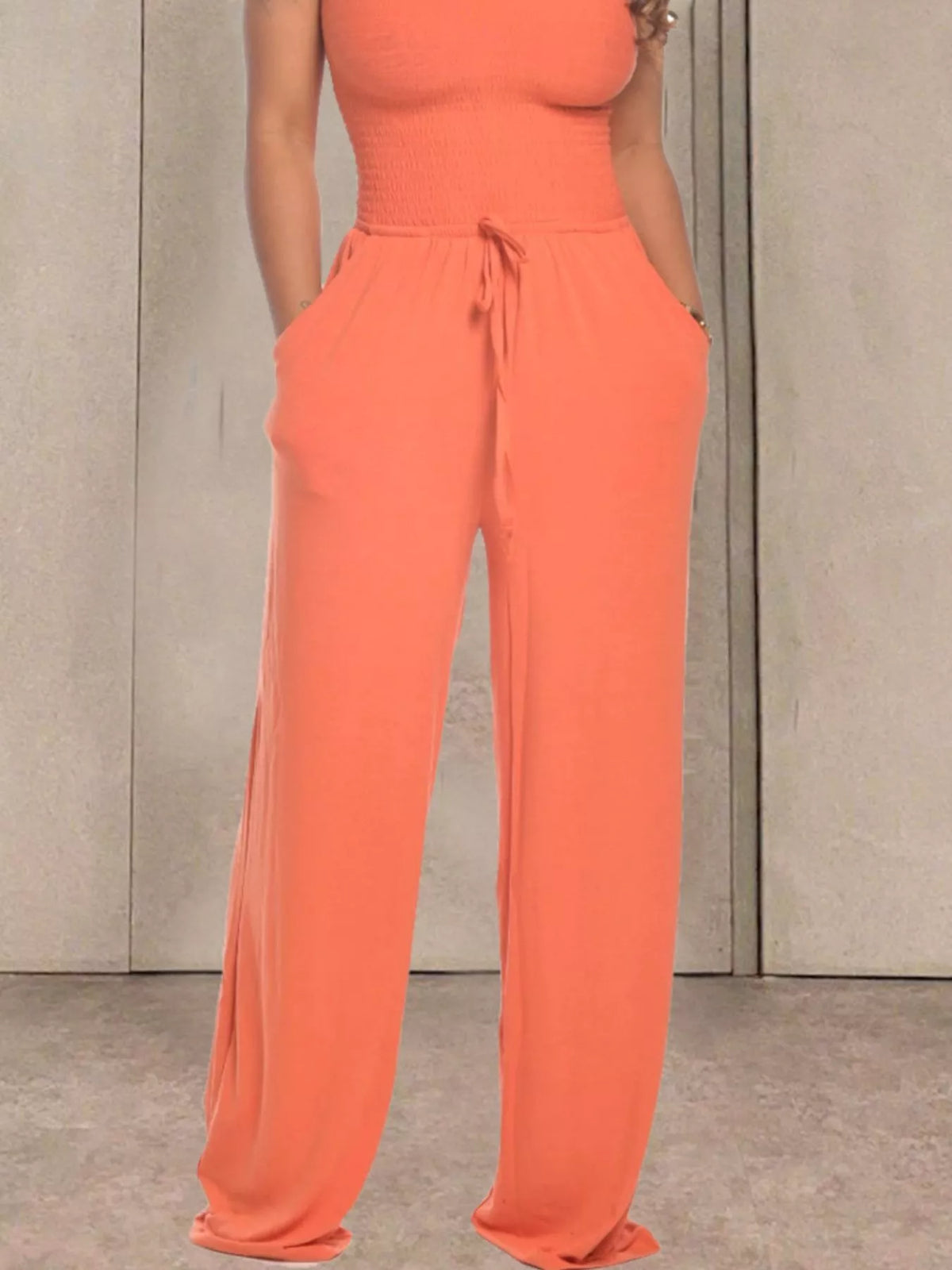 Smocked Strapless Wide-Leg Jumpsuit