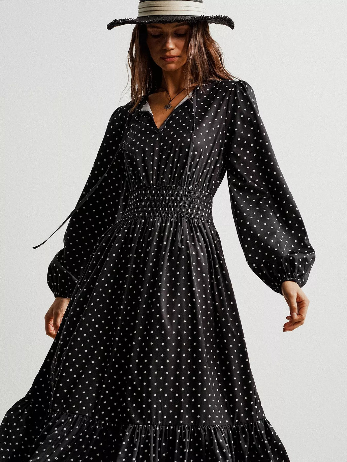 Polka Dot Long Sleeve Maxi Dress in Black