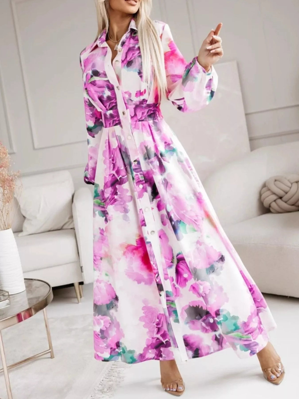 Long Sleeve Ruched Maxi Shirt Dress