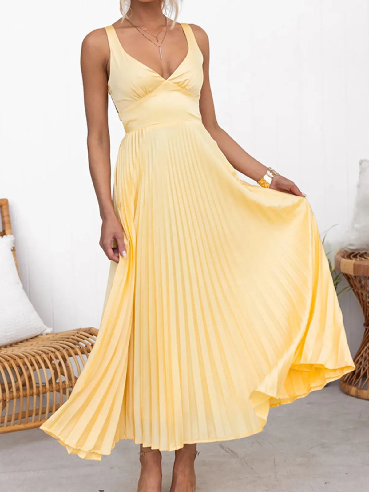 Pleated V-Neck Maxi Dress in Yellow