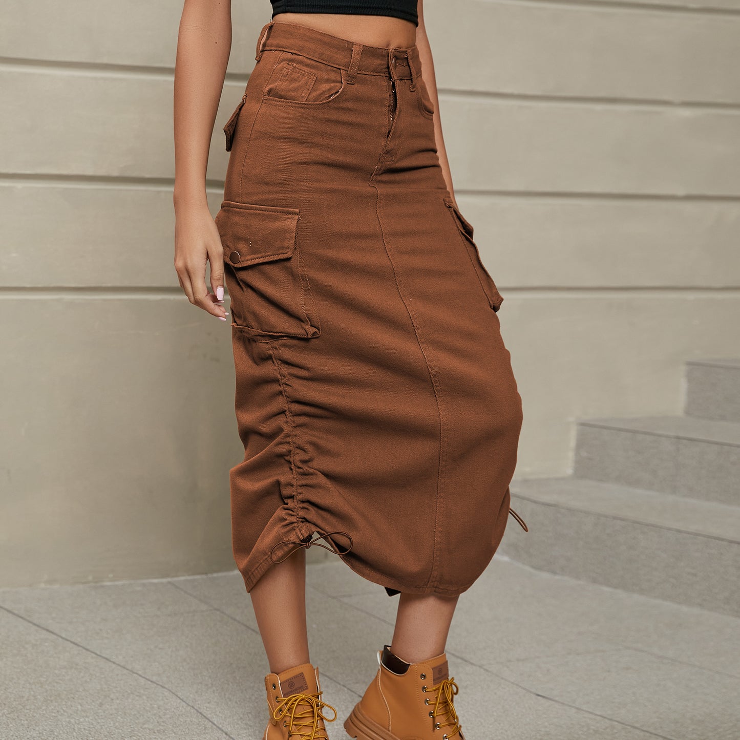 Drawstring Ruched Denim Midi Skirt by Manny