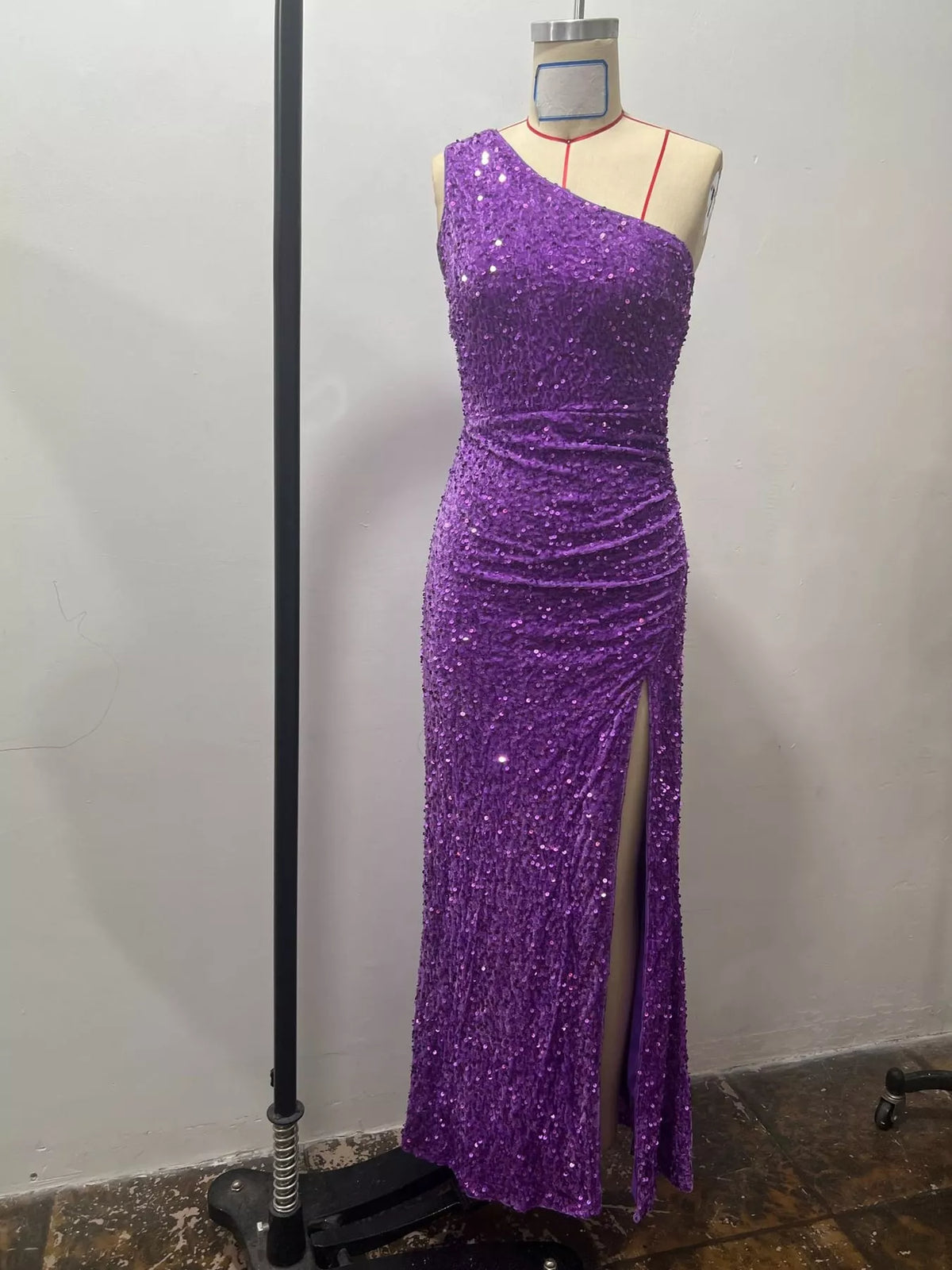 One-Shoulder Sequin High-Slit Evening Dress