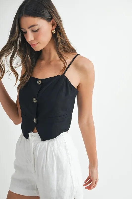 Linen Mix Button-Down Tank Top in Black