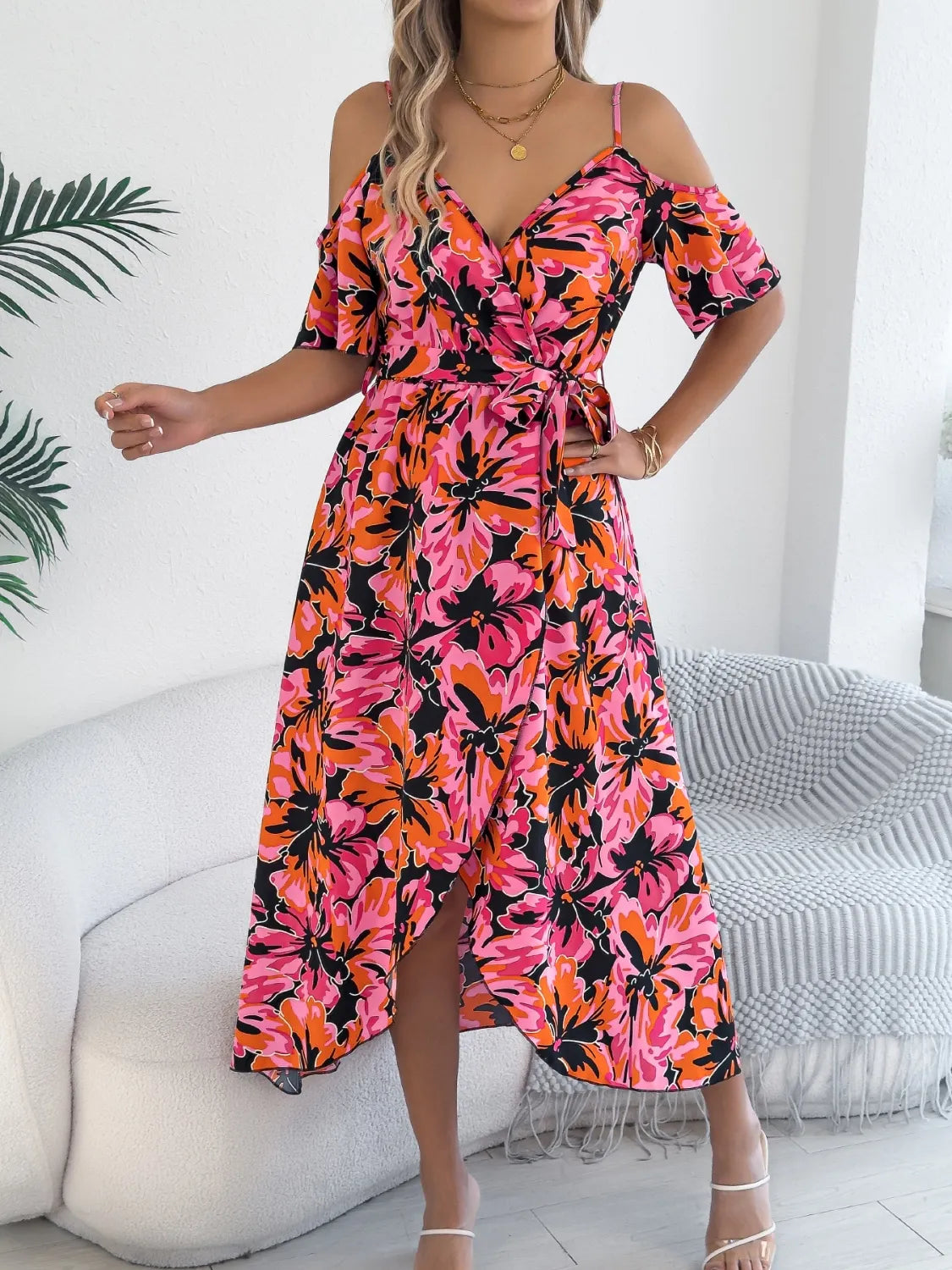Printed Cold-Shoulder Midi Cami Dress