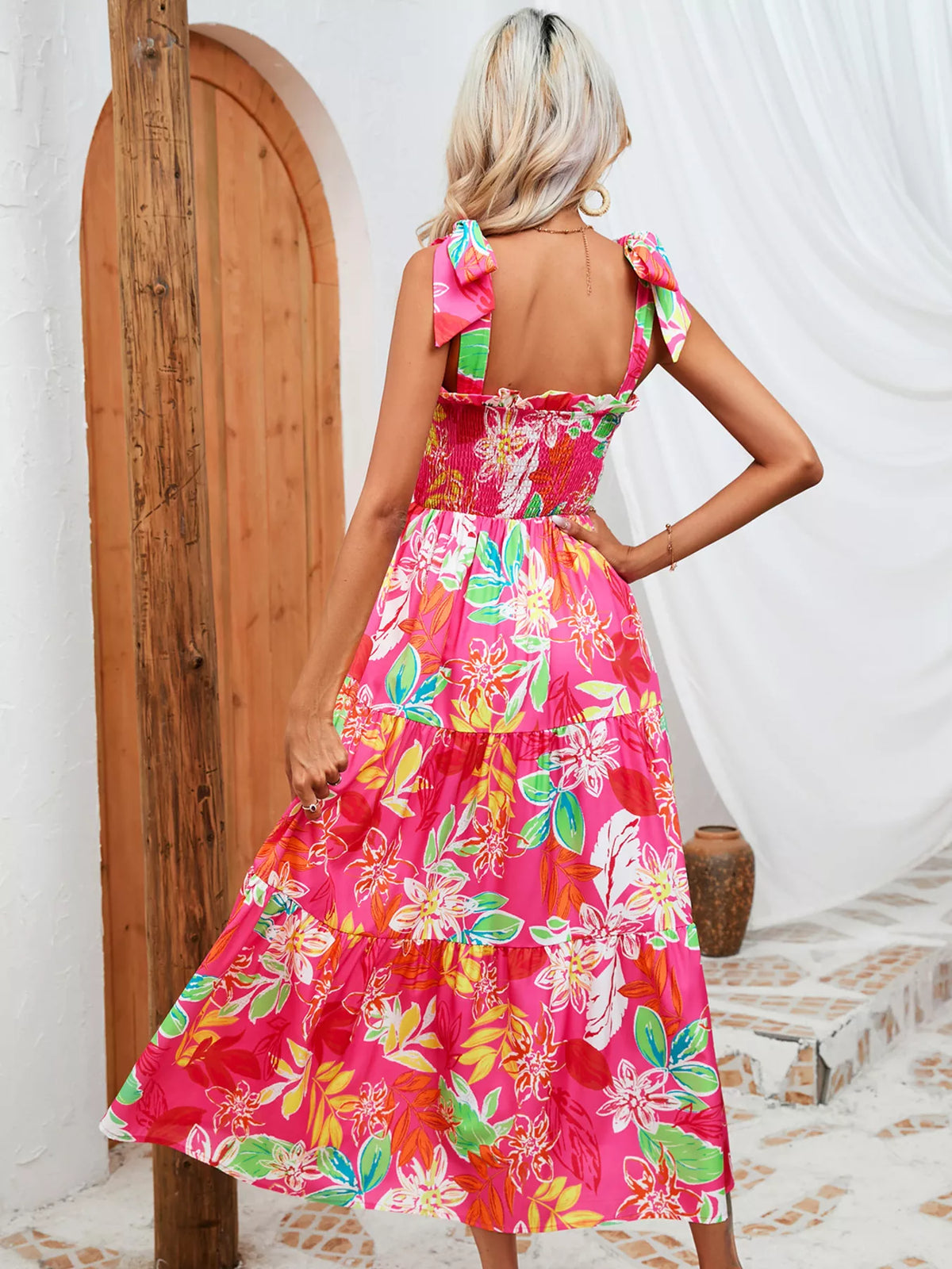 Tropical Print Smocked Tie-Strap Dress in Green