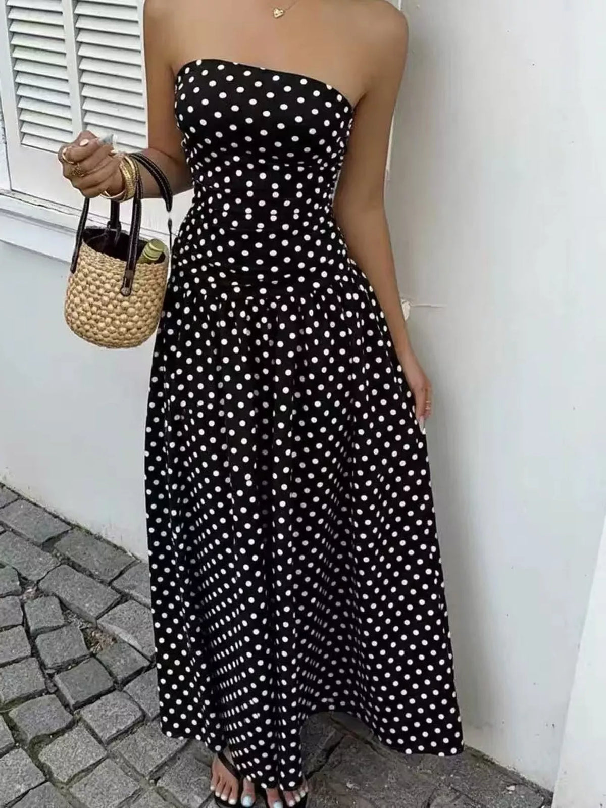 Strapless Polka Dot Ruched Maxi Dress