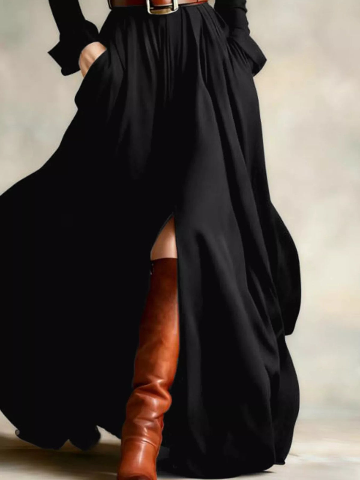 Button-Front Long Sleeve Maxi Dress in Black