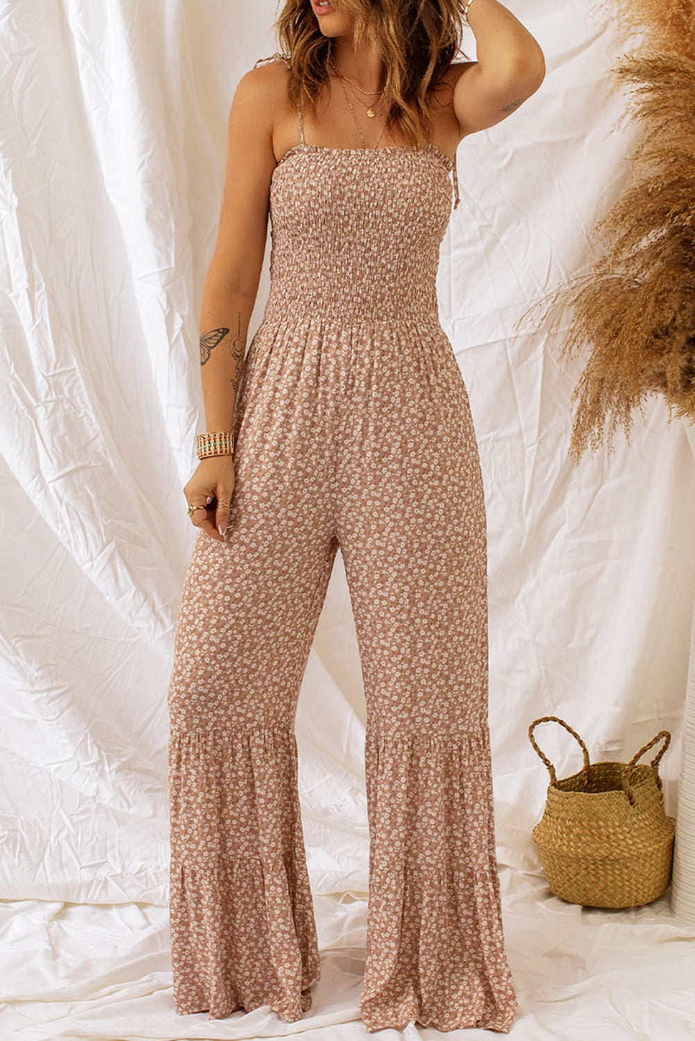 Floral Smocked Wide Leg Jumpsuit in Camel