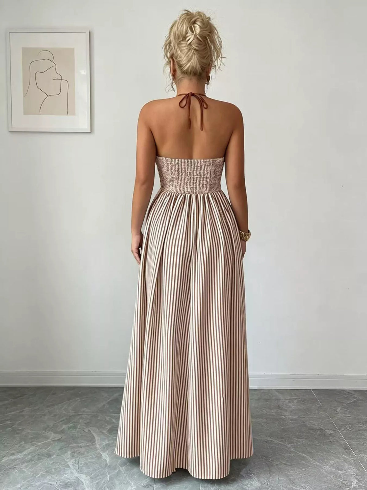 Striped Smocked Halter Neck Maxi Dress