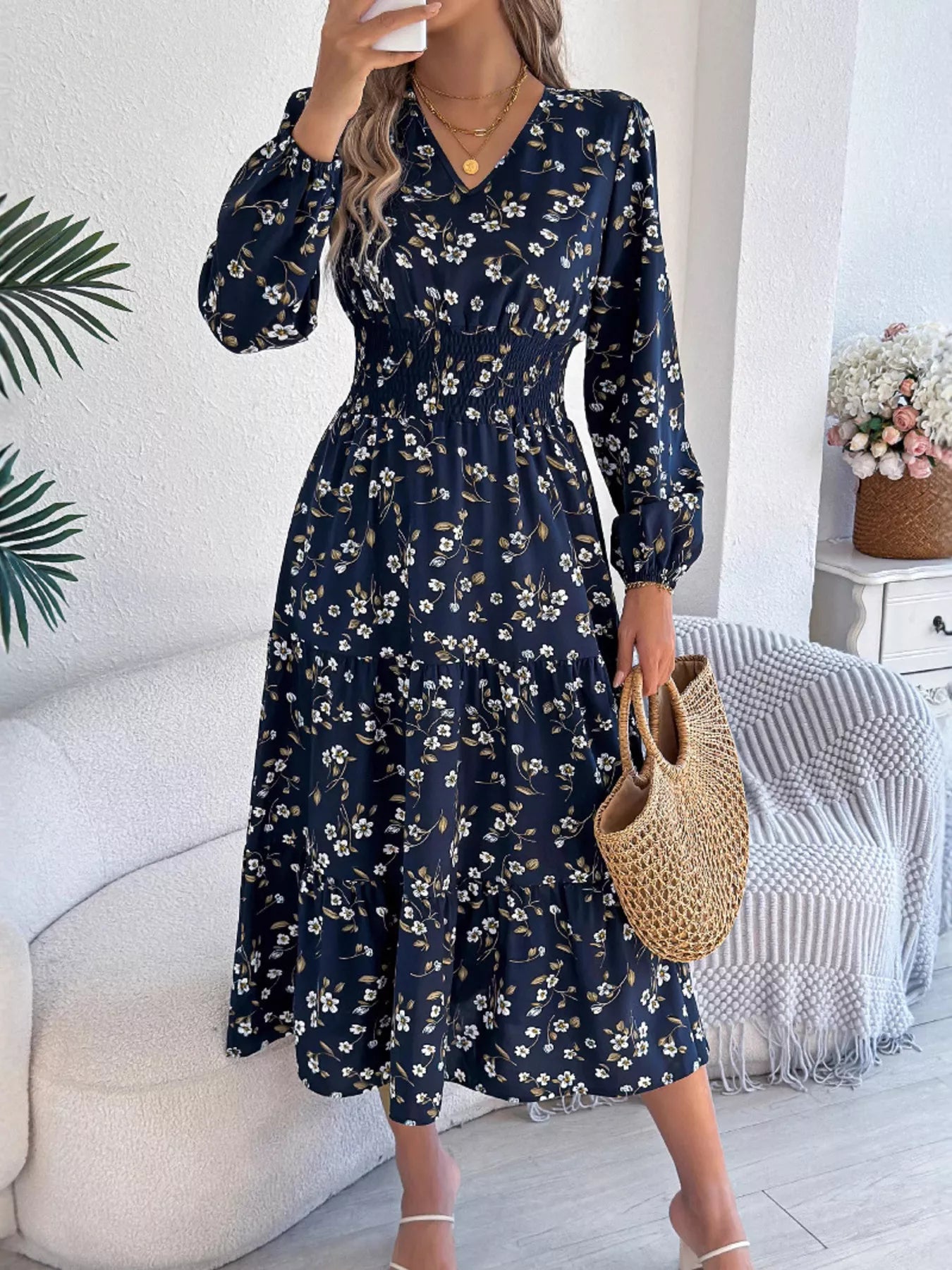 Floral Print Tiered Midi Dress