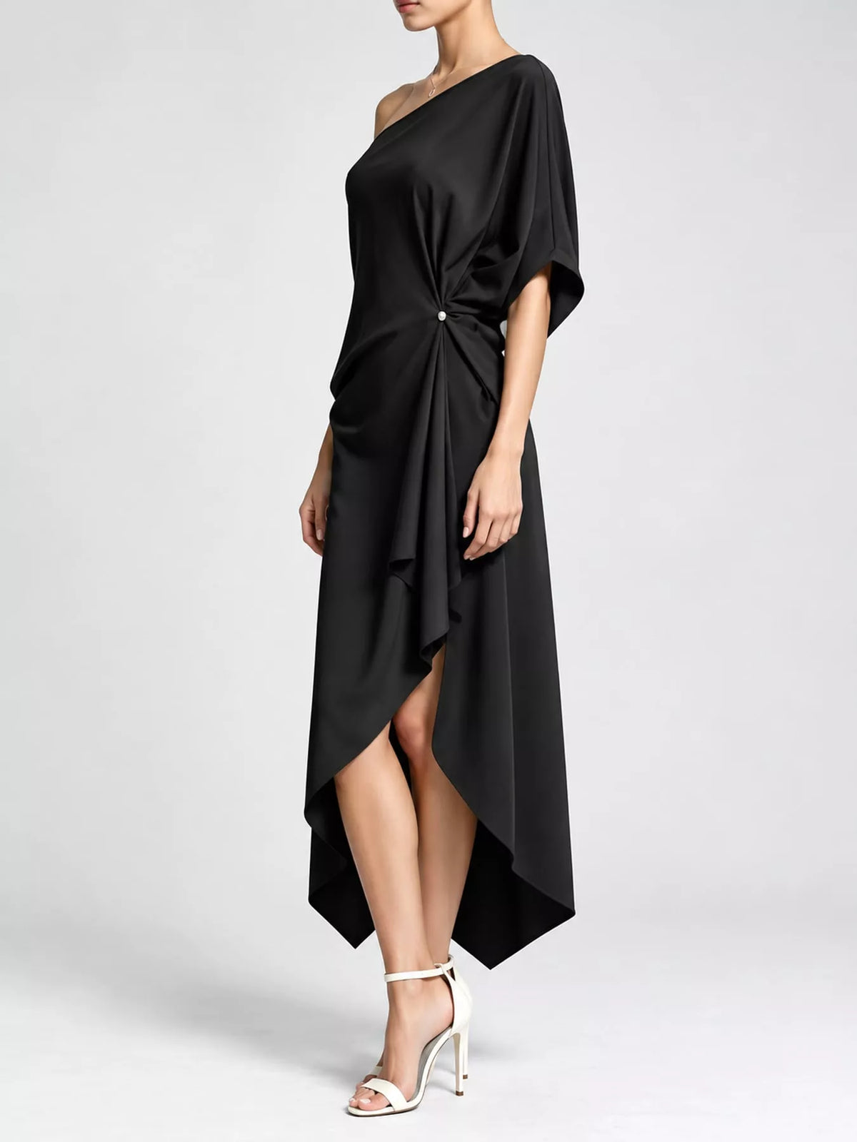 One-Shoulder Asymmetric Hem Midi Dress