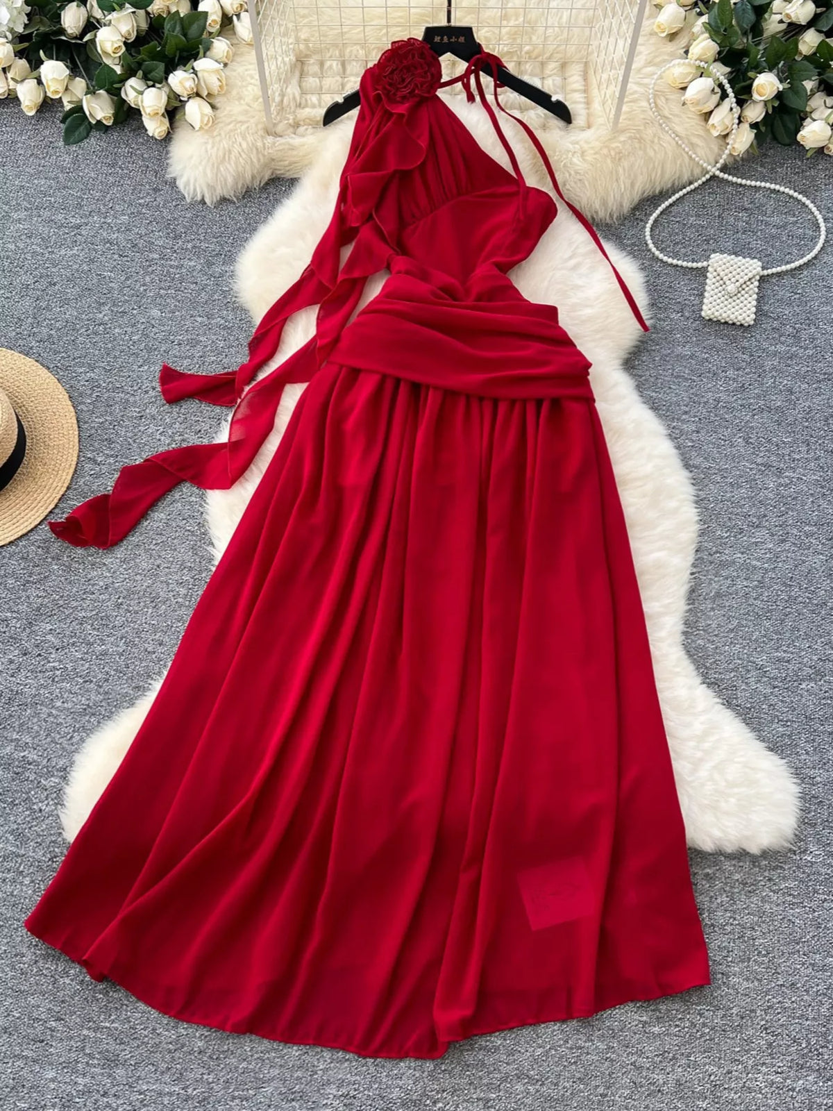 One-Shoulder Floral Dress in Red
