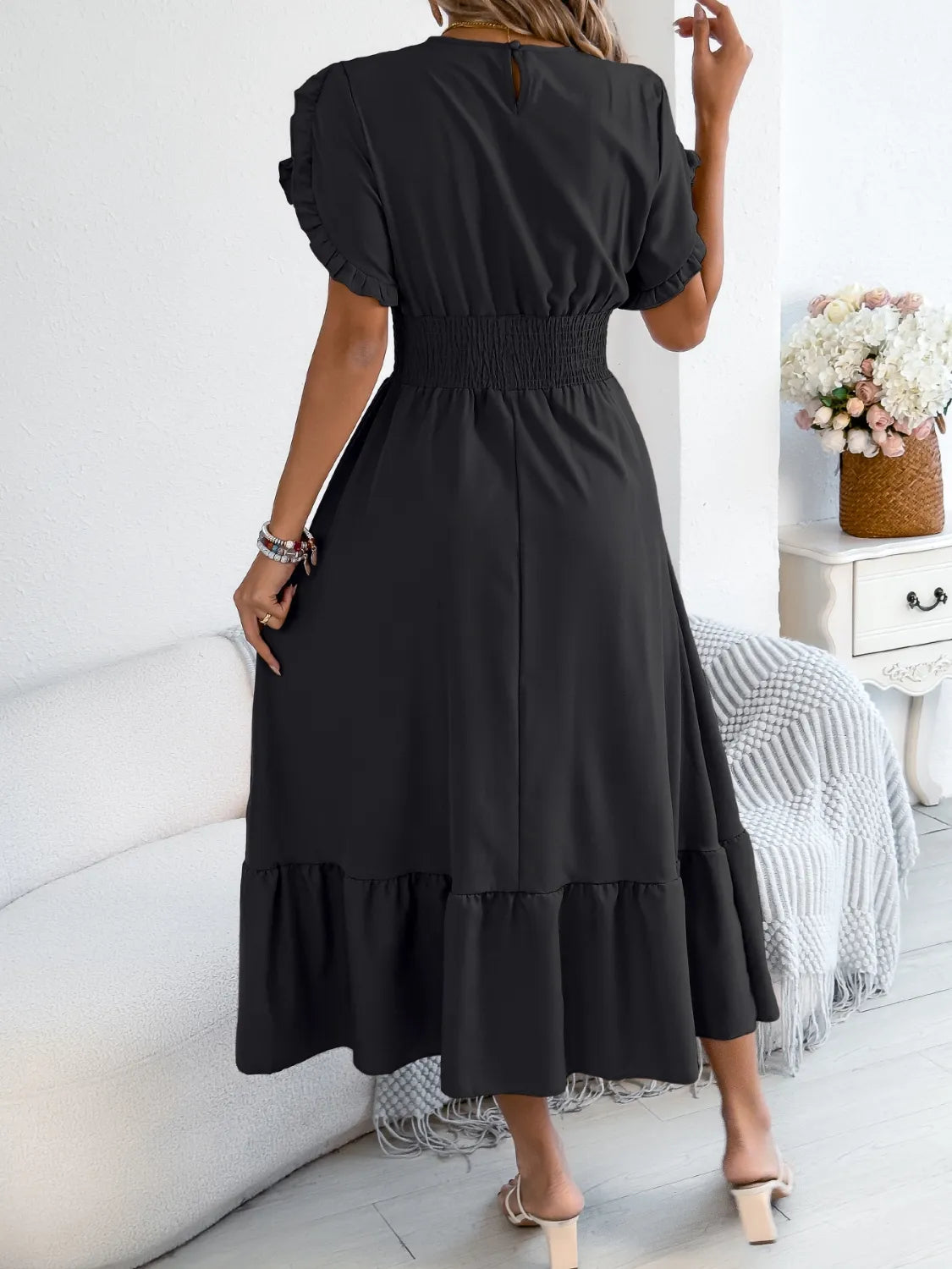Smocked Frill Round Neck Midi Dress