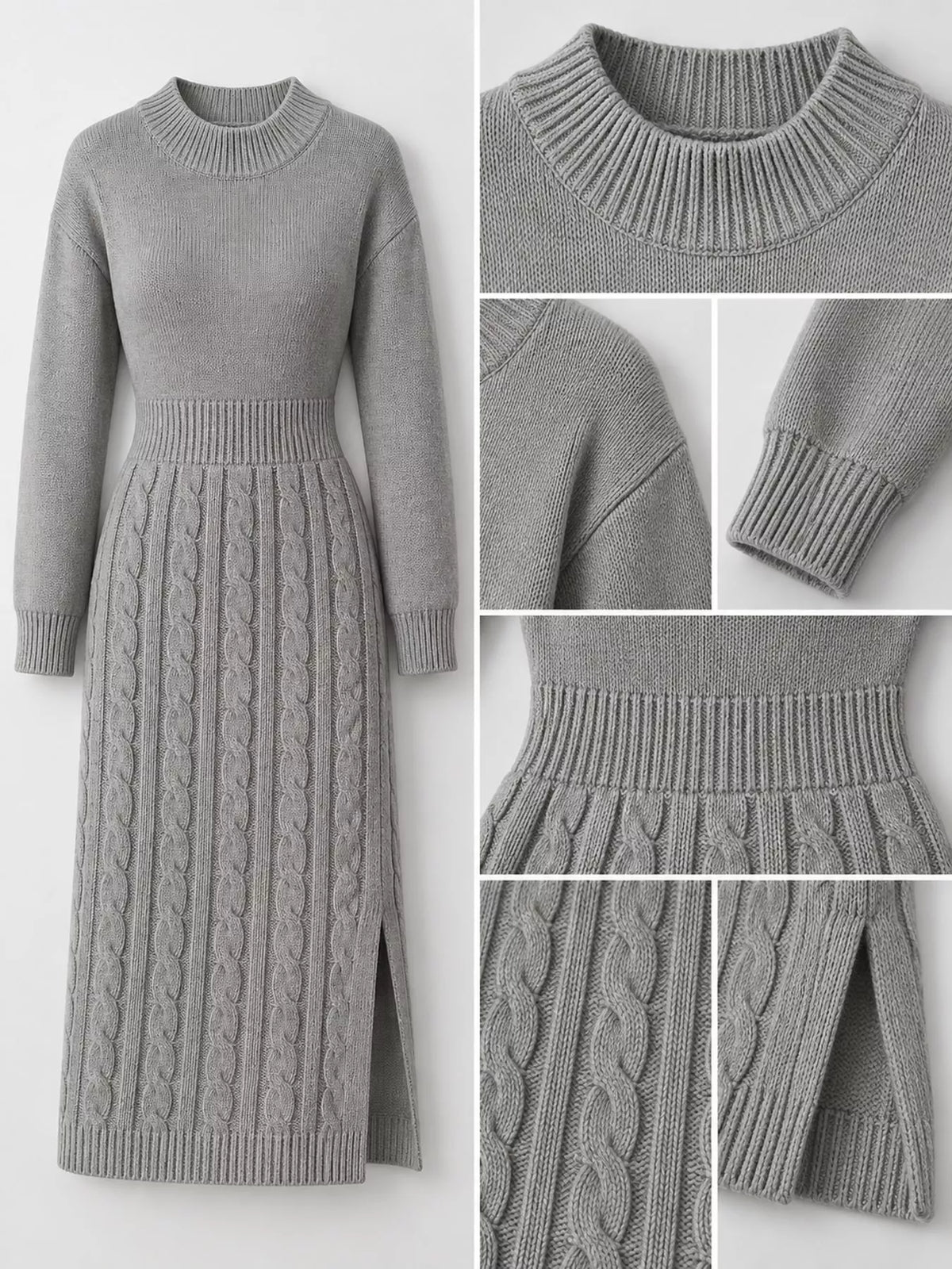 Mock Neck Cable Knit Sweater Dress with Front Slit