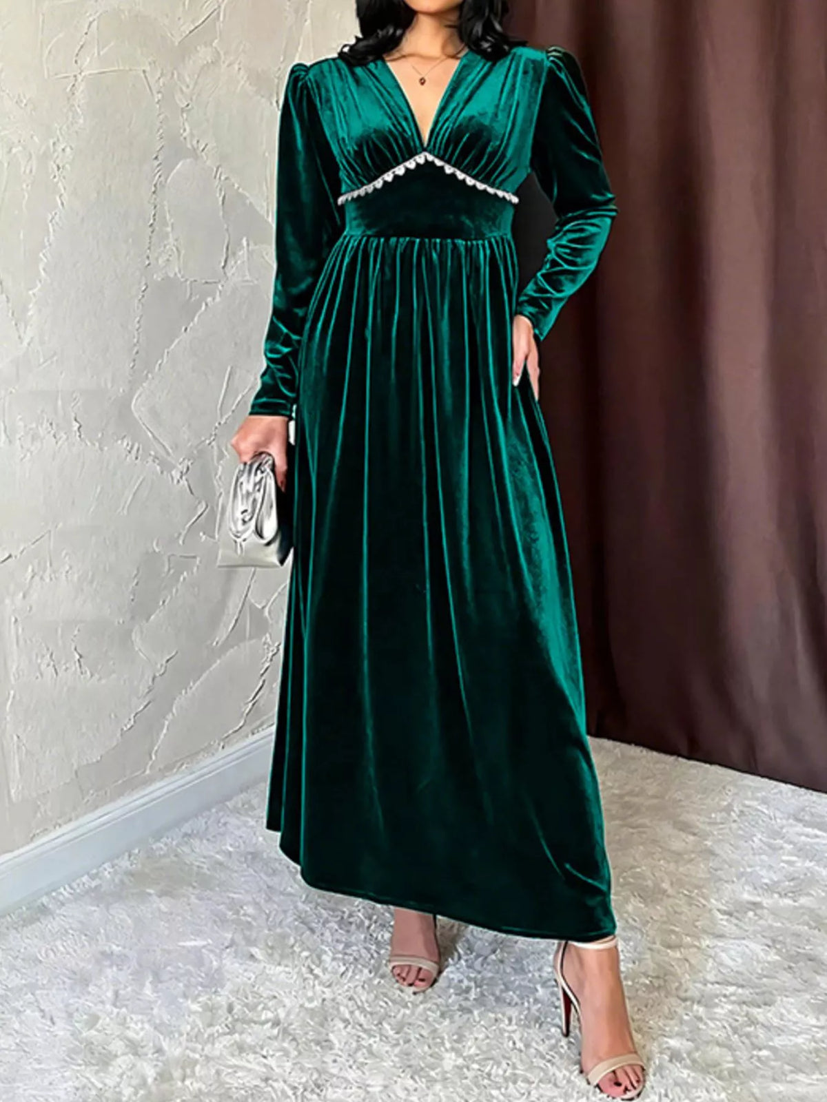 Velvet V-Neck Maxi Dress in Green