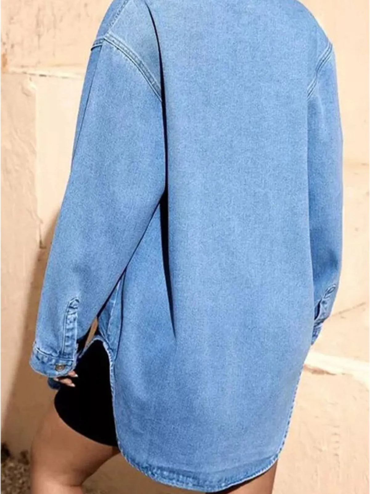 Slit Hem Button Up Denim Shirt in Blue