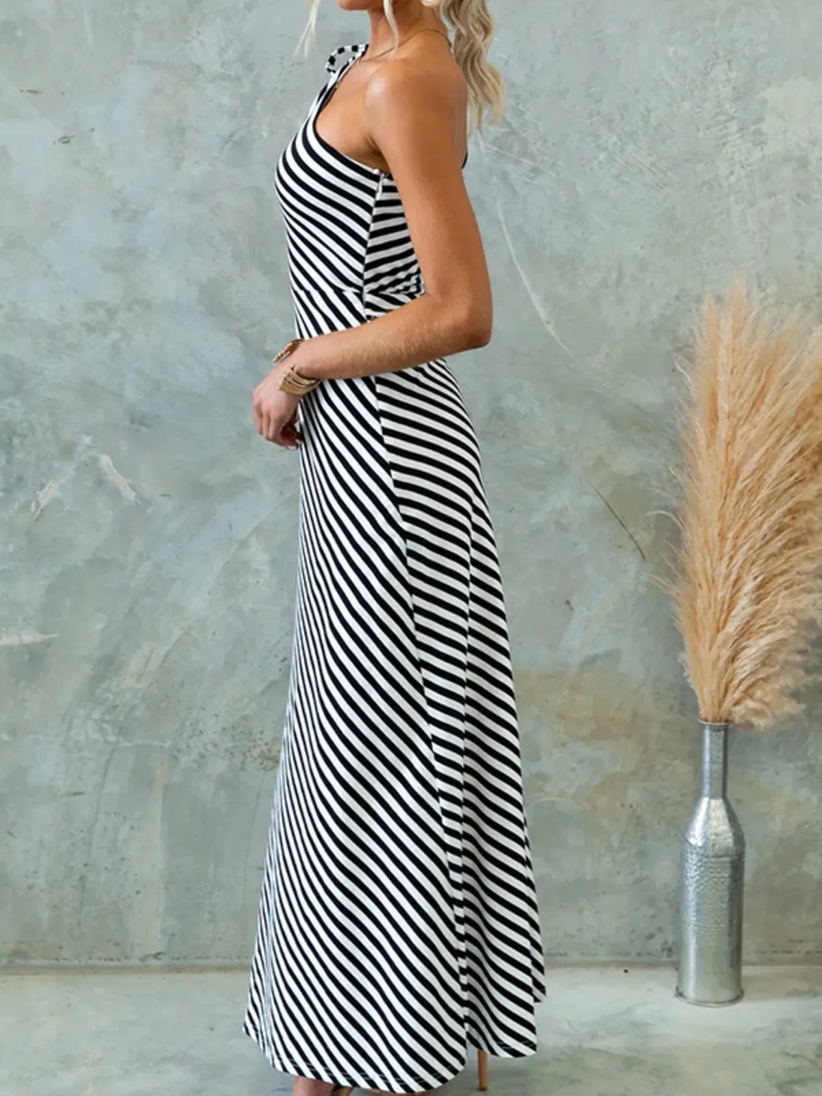 One Shoulder Striped Maxi Dress in Black