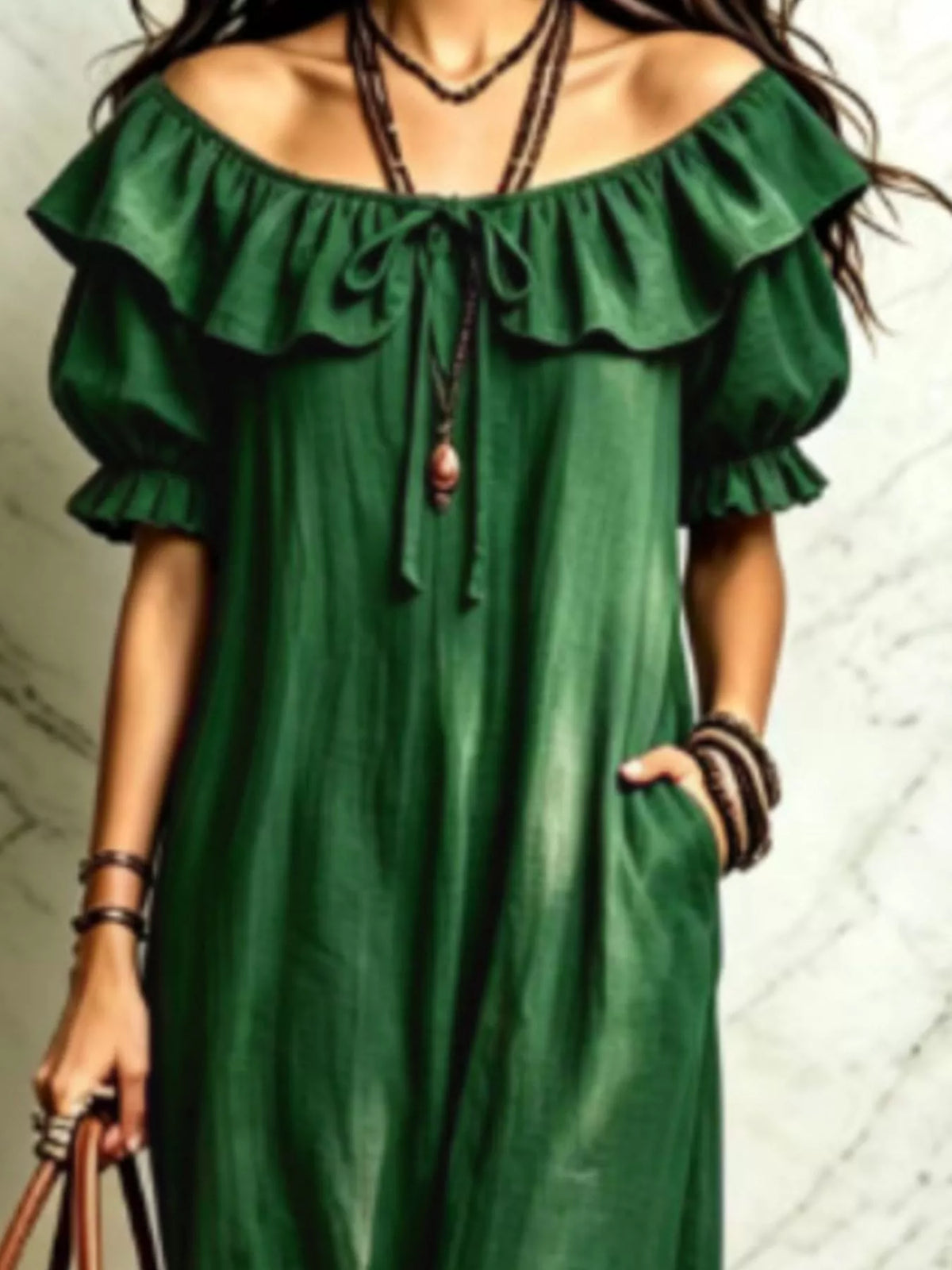 Puff Sleeve Ruffle Trim Maxi Dress