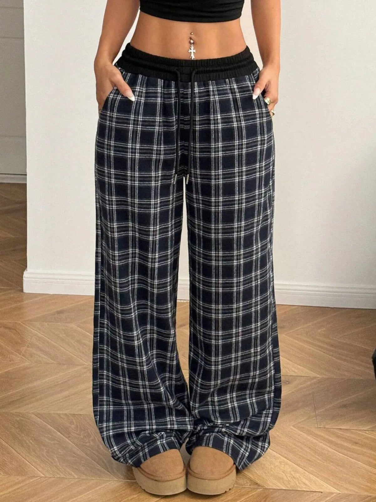 Plaid Drawstring Wide Leg Pants