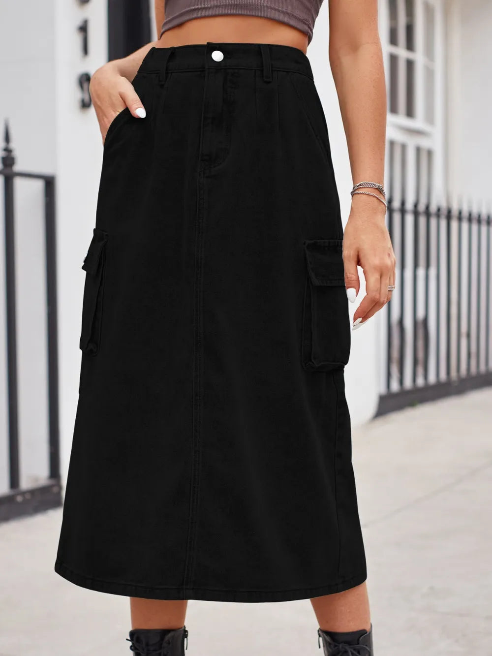 Slit Buttoned Denim Skirt with Pockets by Manny