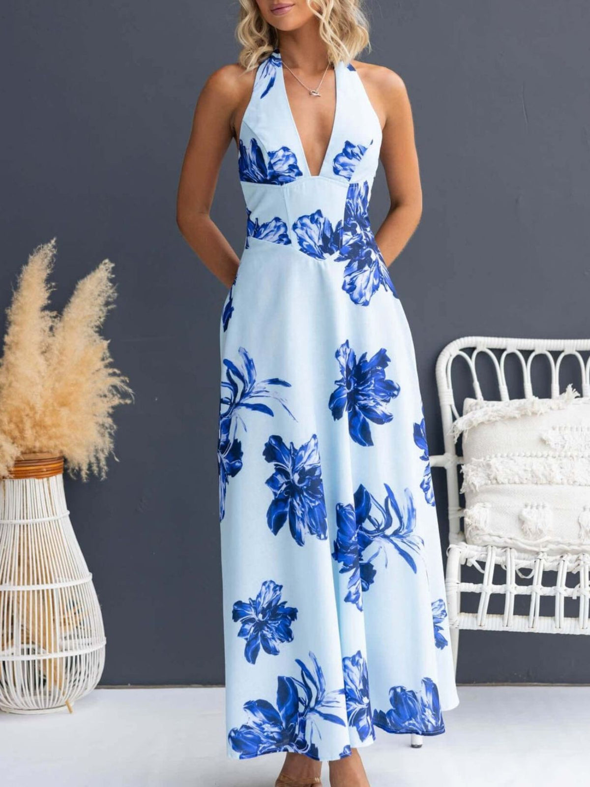 Floral Print Lace-Up Halter Maxi Dress