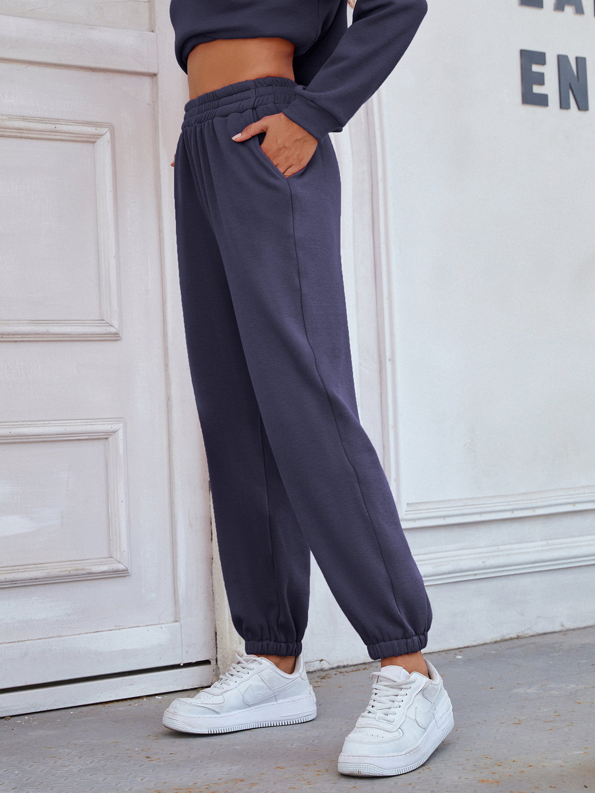 Elastic Waist Joggers with Pockets in Dark Blue