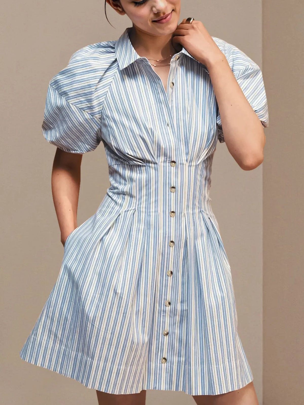 Striped Button-Front Shirt Dress in Azure Blue