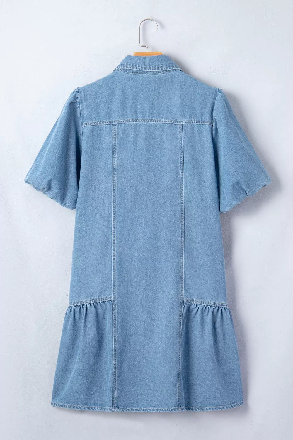 Puff Sleeve Ruffle Hem Denim Shirt Dress in Light Blue