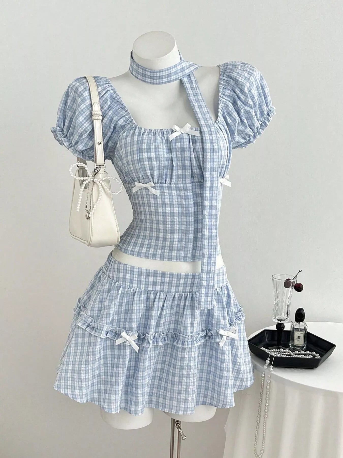 Plaid Puff Sleeve Blouse and Skirt Set in Blue
