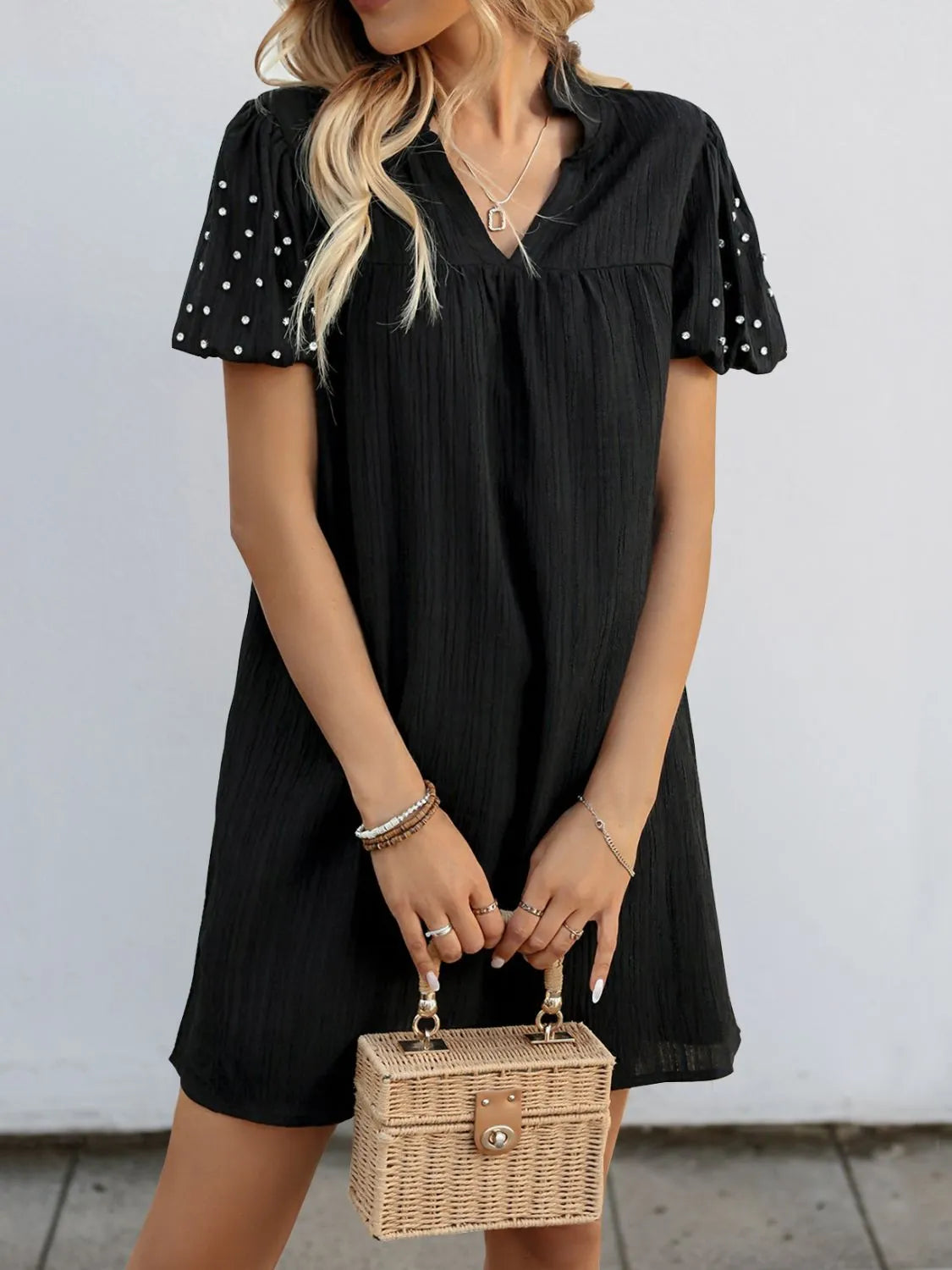 Textured V-Neck Mini Dress in Black