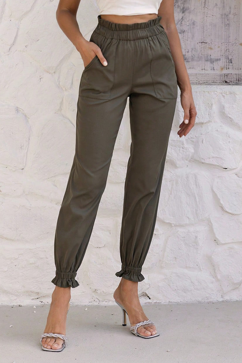 Paperbag Waist Pants in Olive Brown