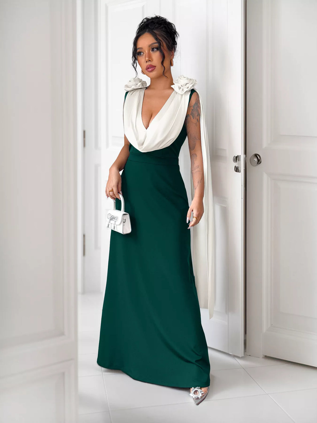 Floral Applique Two-Tone Maxi Dress