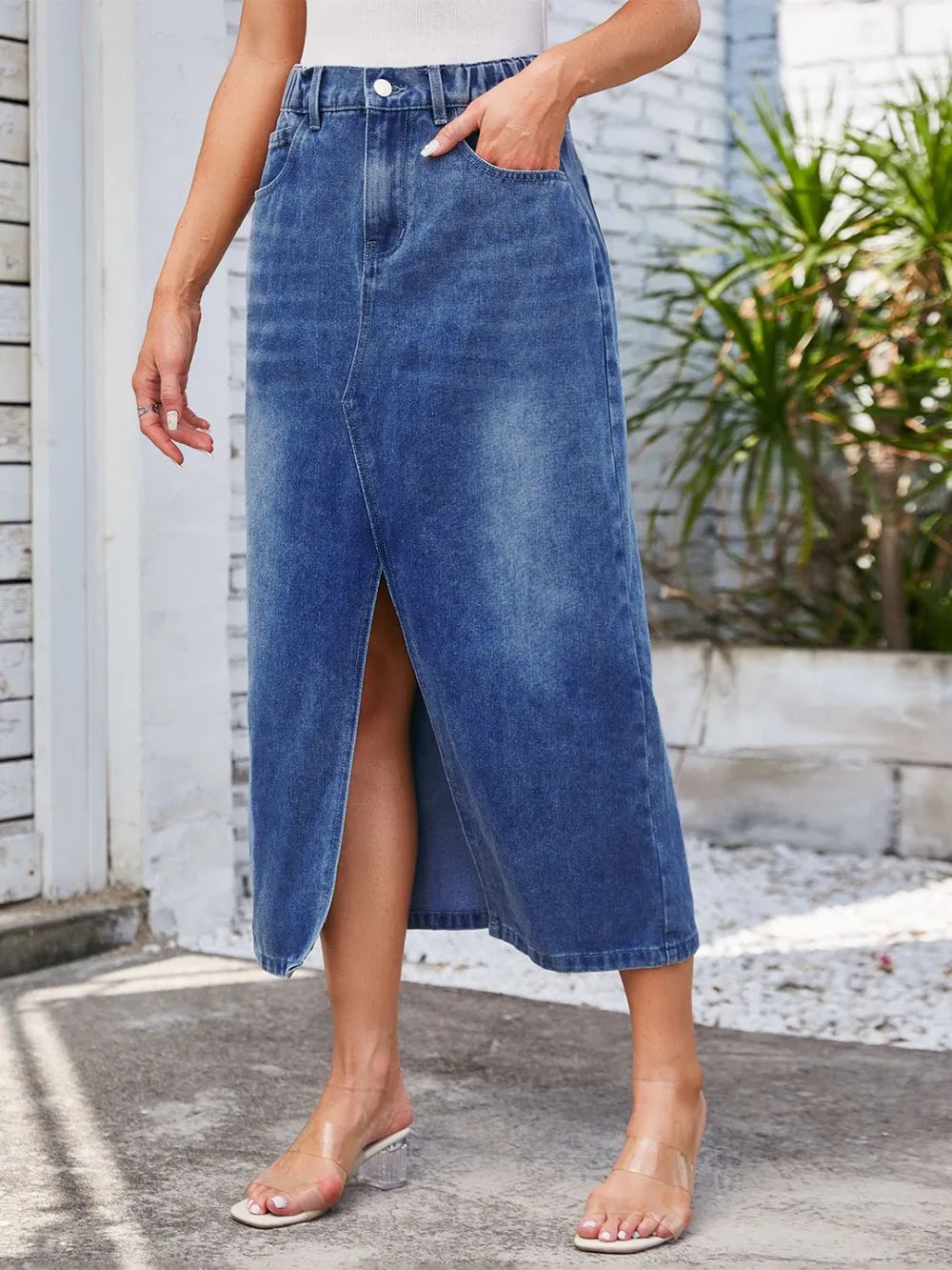 Slit Midi Denim Skirt with Pockets by Manny