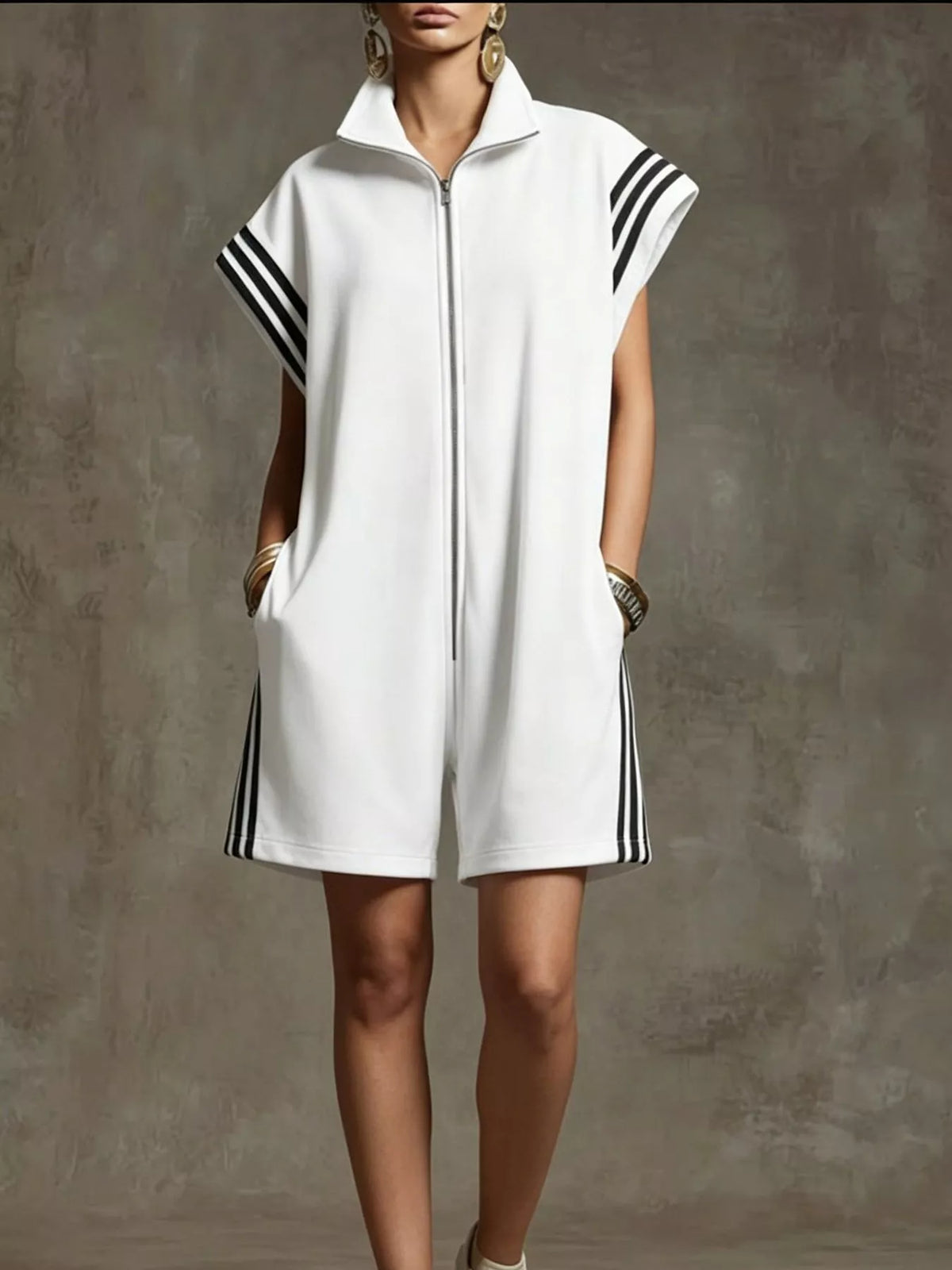 Striped Zip-Front Romper with Pockets