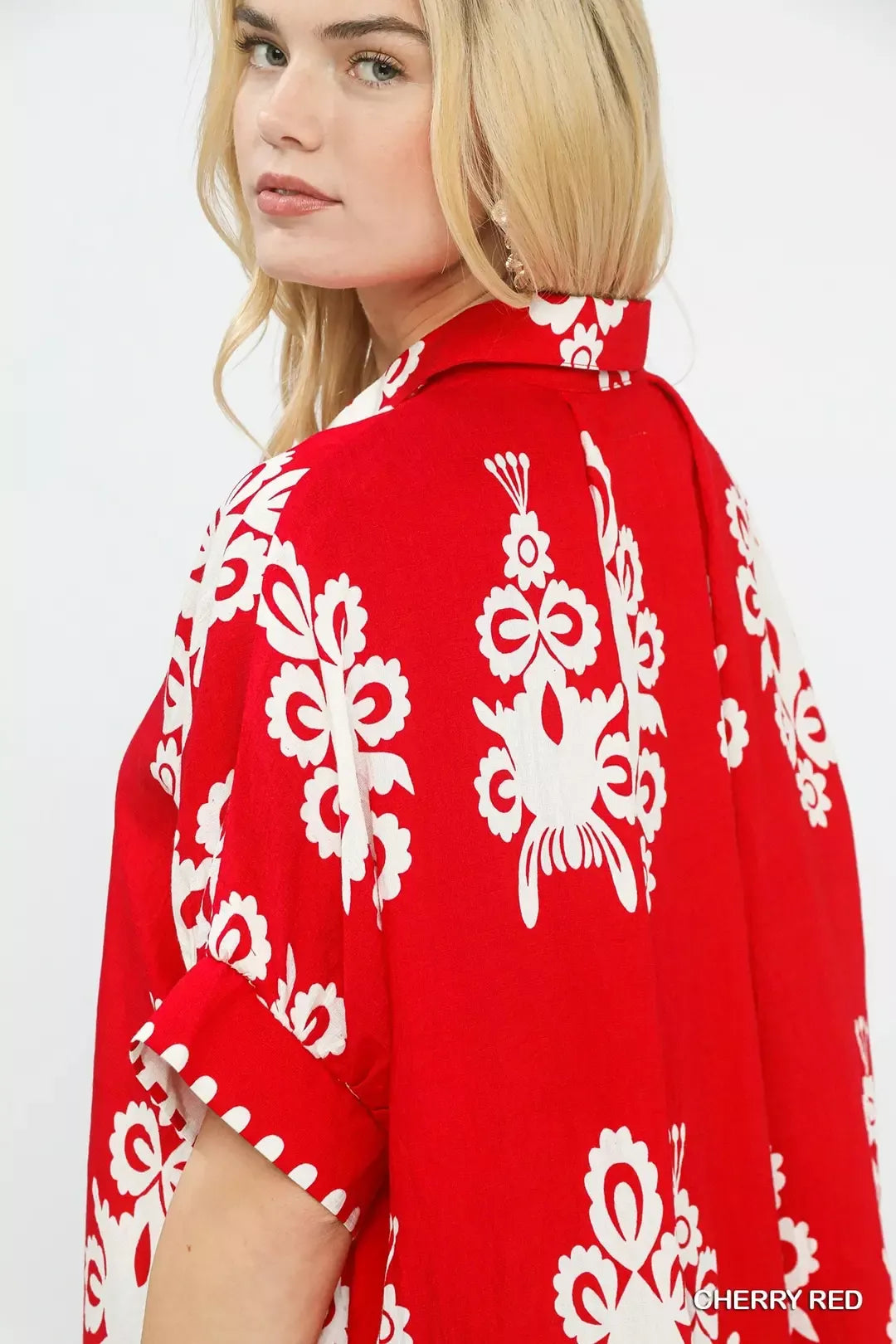 Umgee Abstract Print Button-Down Shirt in Cherry Red