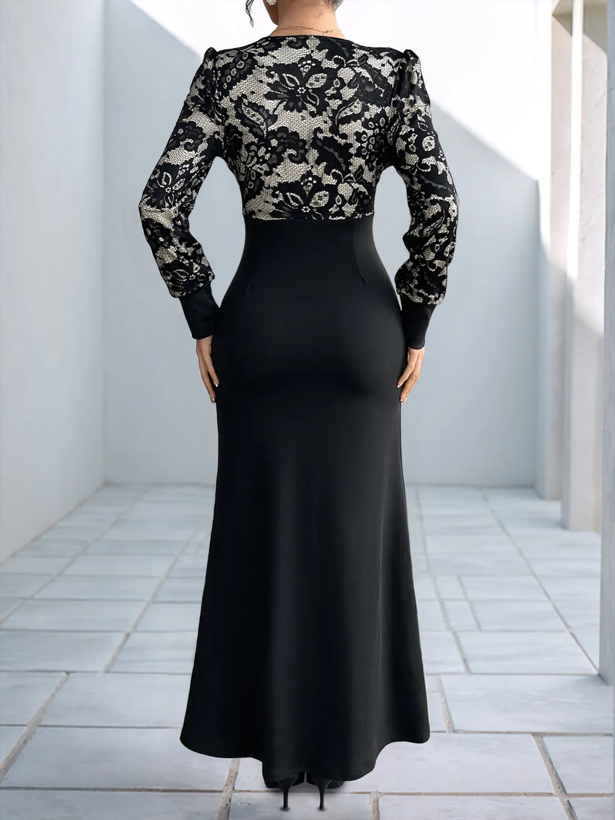 Lace V-Neck Long Sleeve Maxi Dress in Black