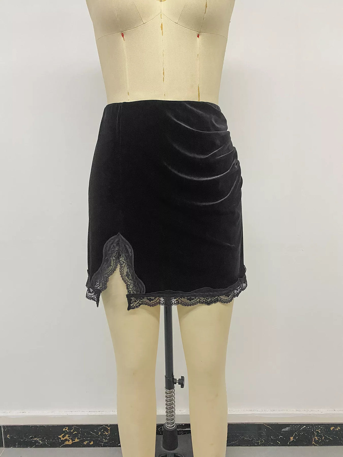 Velvet Mini Skirt with Lace Trim in Black