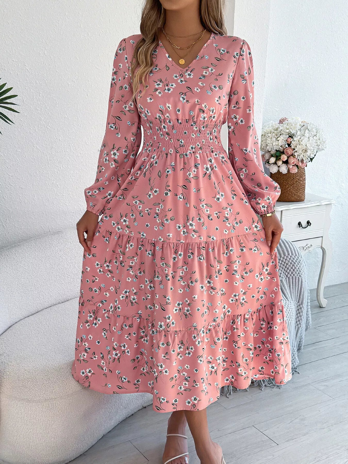 Floral Print Tiered Midi Dress