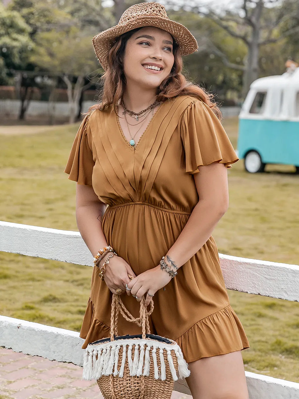 Ruffled V-Neck Romper in Caramel