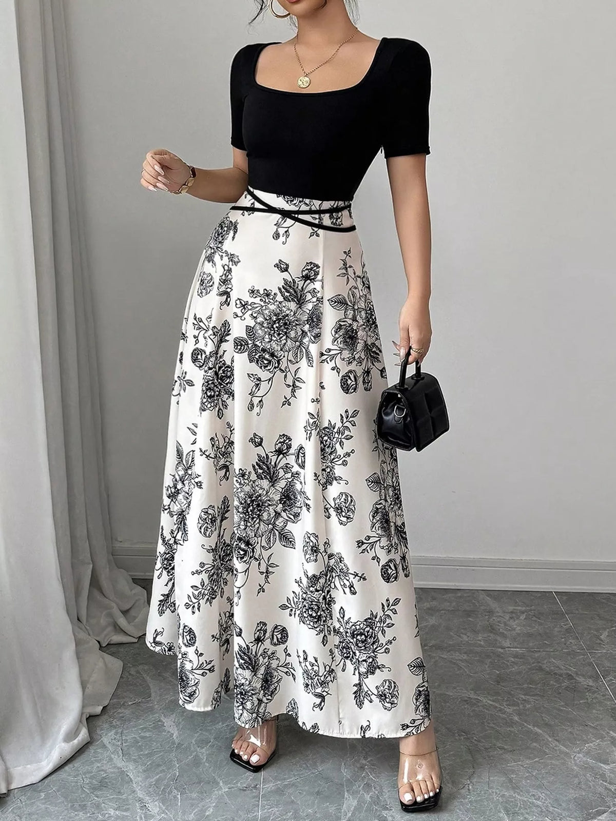 Floral Print Square Neck Maxi Dress in Black